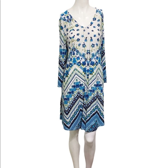 Honey Me Curvy Blue Floral Chevron Boho Long Sleeve A-Line Dress XL - Picture 4 of 12
